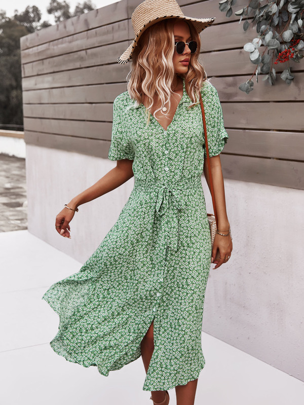 SHEIN Clasi Ditsy Floral Tie Front Button Through Dress Maxi Women Outfit