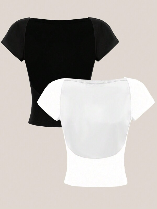 SHEIN PETITE 2 Piece Sexy Petite Women Short Sleeve Cropped Backless Round Neck T-Shirt Set, Fitted For Summer