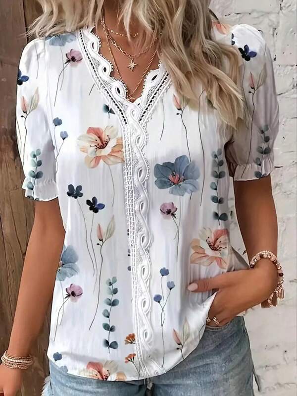 SHEIN LUNE Women's Vacation Leisure Floral Print Contrast Lace Puff Sleeve Shirt,Short Sleeve Tops