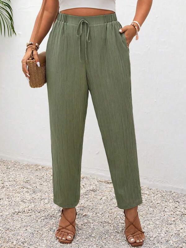 SHEIN Frenchy Plus Size Vacation Solid Color Knotted Casual Pants With Pockets