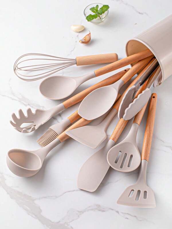 12pcs Silicone Cooking Utensils Set With Wood Handle And Storage Bucket