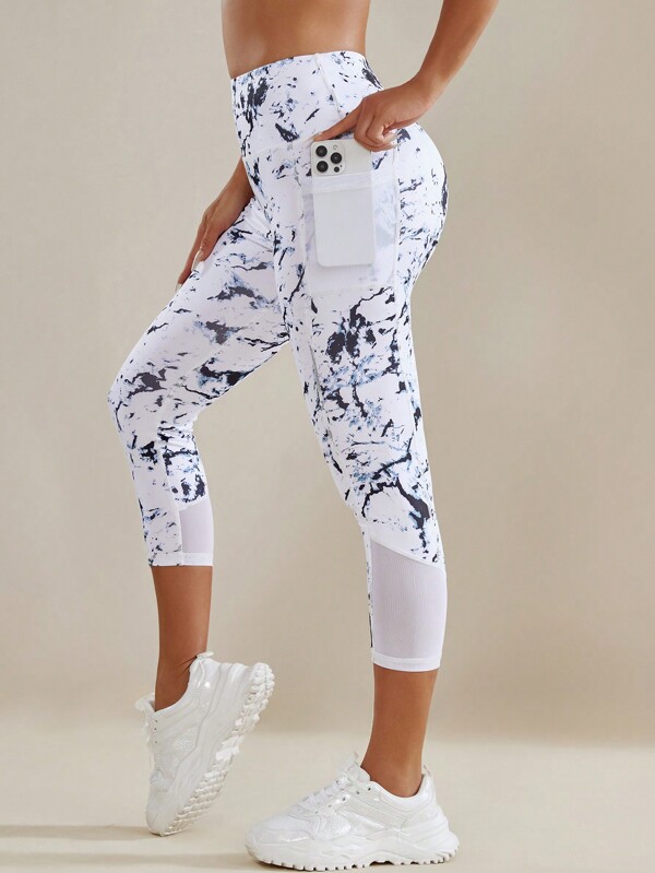 Women High Waist Lifting Yoga Pants - Tie Dye Printed Pocket Mesh Splicing Lifting Fitness Leggings