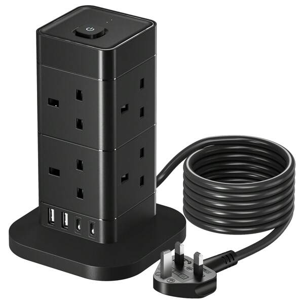 3M Tower Extension Lead With USB Slots, Hotimy 13A 8 Way Extension Lead Surge Protection With 2 Type C & 2 USB Ports, Multi Plug Extension Lead Tower Black 3 Meters Extension Cord For Home, Office