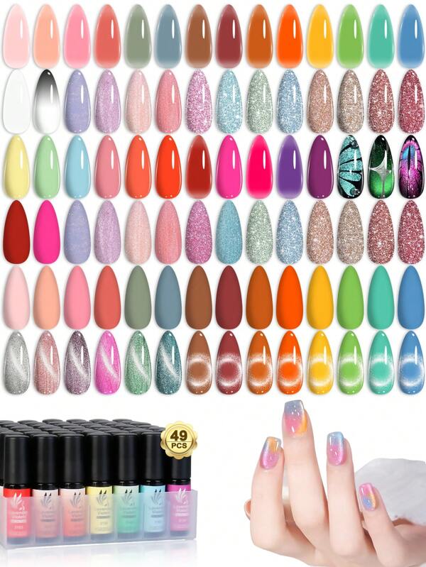 Lavender Violets 49 Pcs Gel Nail Polish Set With Nail Primer,5 In 1 Builder Extension,Glossy N Matte Top Coat Diamond Glittery/Semi Translucent/9D Cat Eye Magnet Soak-Off UV LED Manicure A901