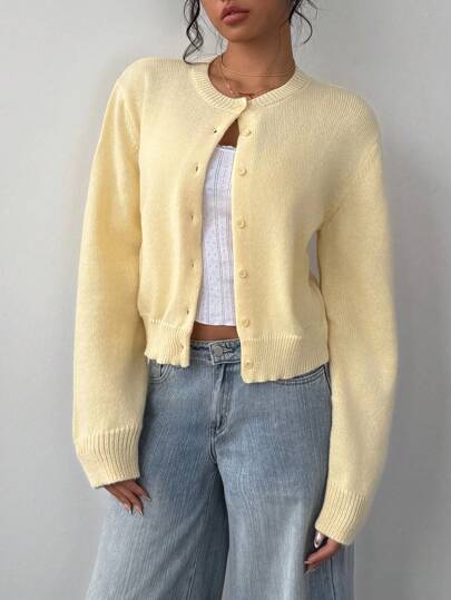 SHEIN BASICS Casual Solid Color Round Neck Long Sleeve Loose Cropped Women Cardigan Sweater, Warm Comfort, Cozy Chic, Daily Commute