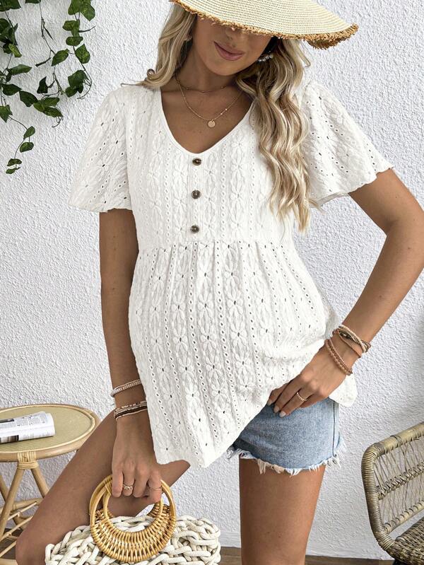 SHEIN V-Neck Button Decor Jacquard Knit Maternity T-Shirt