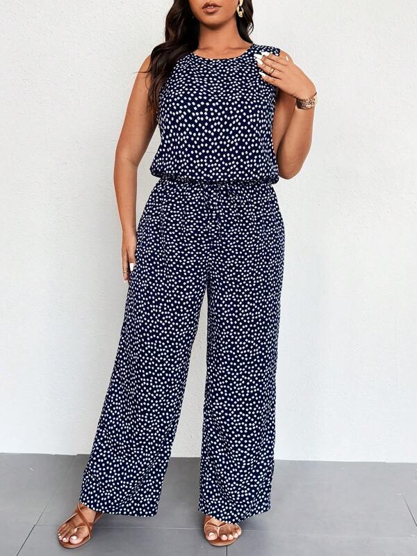 SHEIN LUNE Spring Summer Holiday Round Neck Sleeveless Elasticated Waist Ditsy Floral Jumpsuit