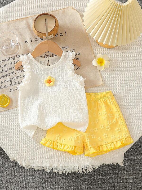 Baby Girls Sweet Cute Jacquard Tank Top And Jacquard Shorts Set, Spring/Summer