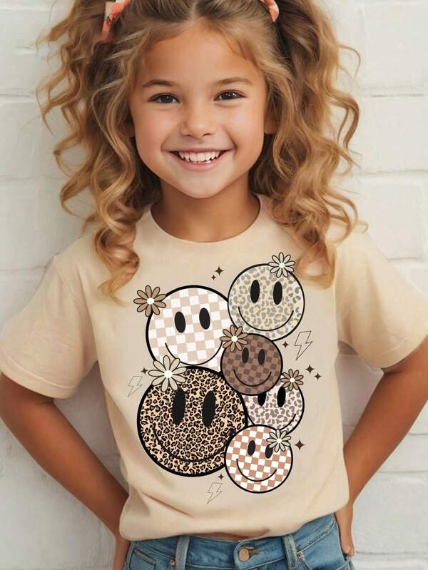 Young Girl Casual Minimalist Pattern Short Sleeve Crew Neck T-Shirt, Suitable For Summer