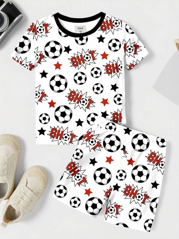 Toddler/Young Boy Sports Theme Casual Minimalist Snug Fit Short Sleeve Tee & Shorts Set, Comfortable For Spring/Summer