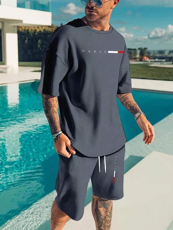 Manfinity Homme Men's Summer Casual Letter Print T-Shirt And Shorts Set