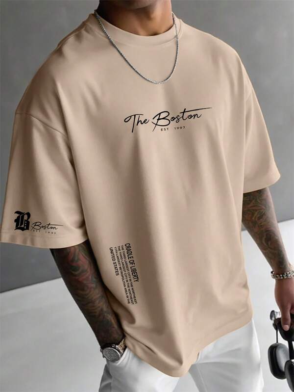 Manfinity EMRG Men's Casual Letter Print Crew Neck Short Sleeve T-Shirt, Summer