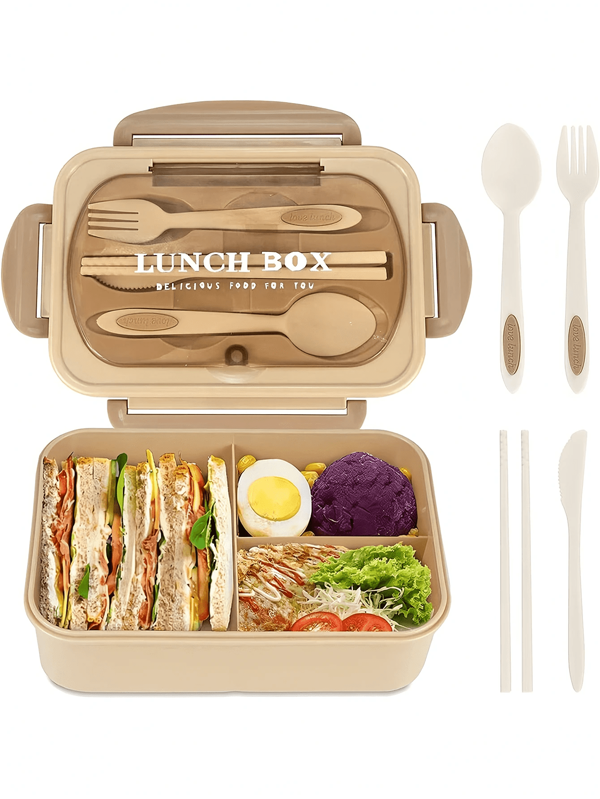 1pc 1200ml Adult Bento Box, Leak-Proof Lunch Container With Utensils, 3-Compartment Lunch Box, Available In Pink/Blue/Khaki/Green Christmas Gift